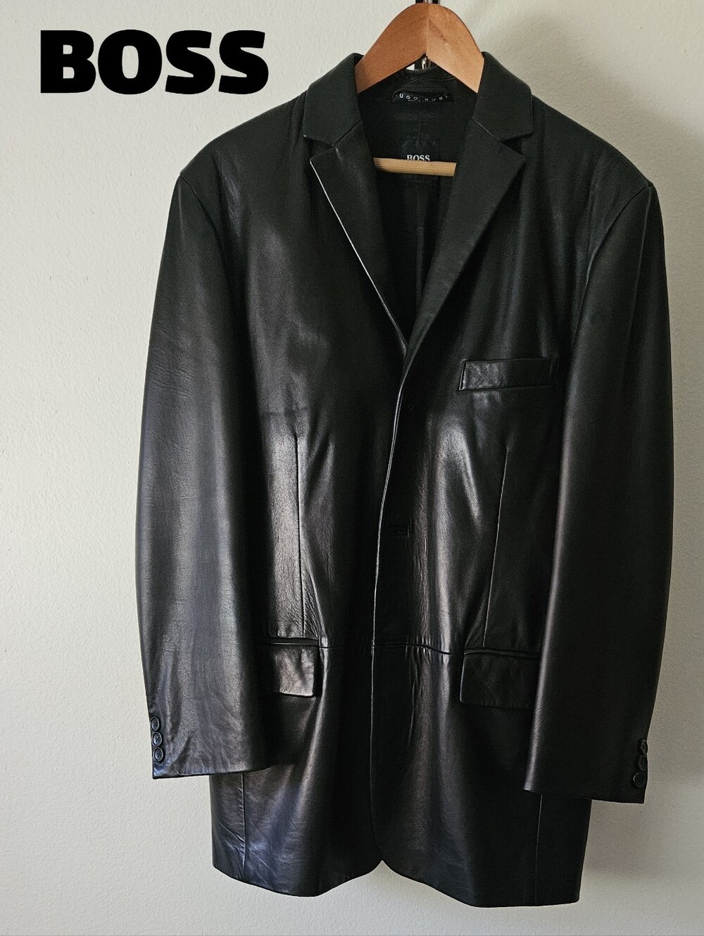HUGO BOSS Men's Black Leather Blazer Jacket